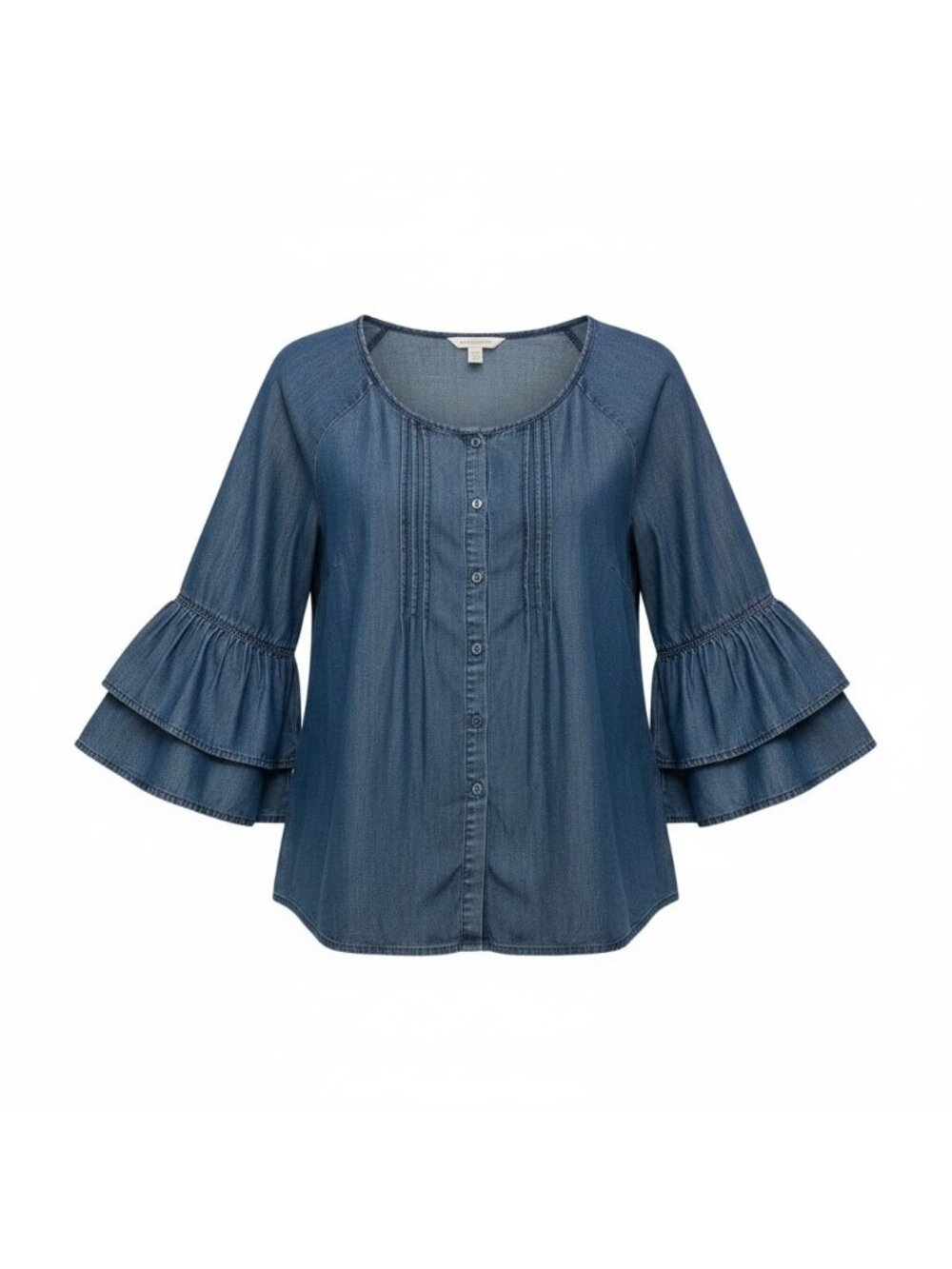 Denim Peasant Blouse Women's 22/24 Button Front Flared Bell Sleeves Pleated Poet